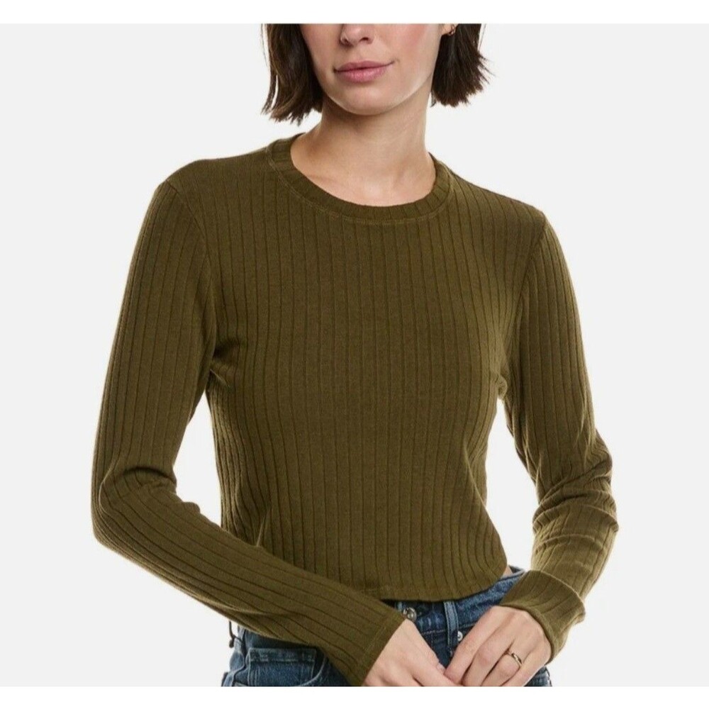 Quiet Luxury Olive Ribbed Cropped Crewneck Top Bella Dahl Women’s M Hemp Blend